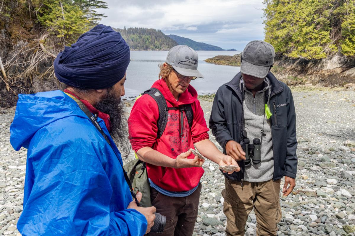 Three people in outdoor gear examining something together on a rocky beach