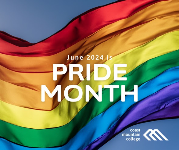 Pride Month poster from Coast Mountain College with a rainbow flag