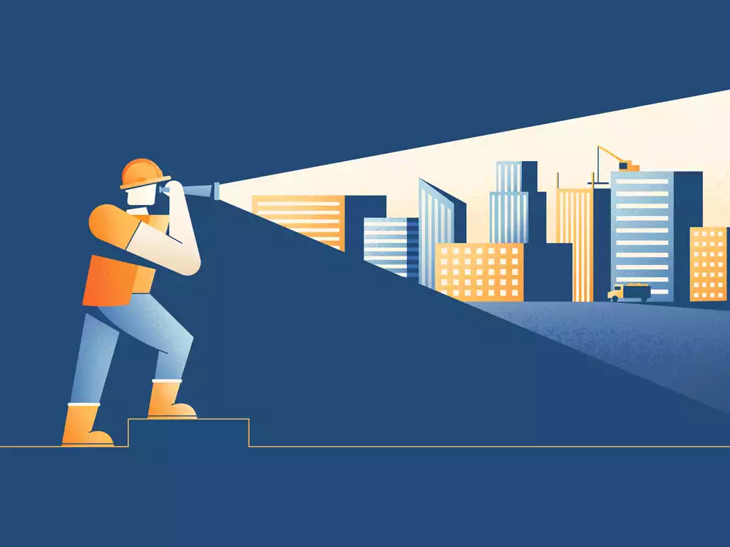 Illustration of a recruiter scanning a city skyline for talent