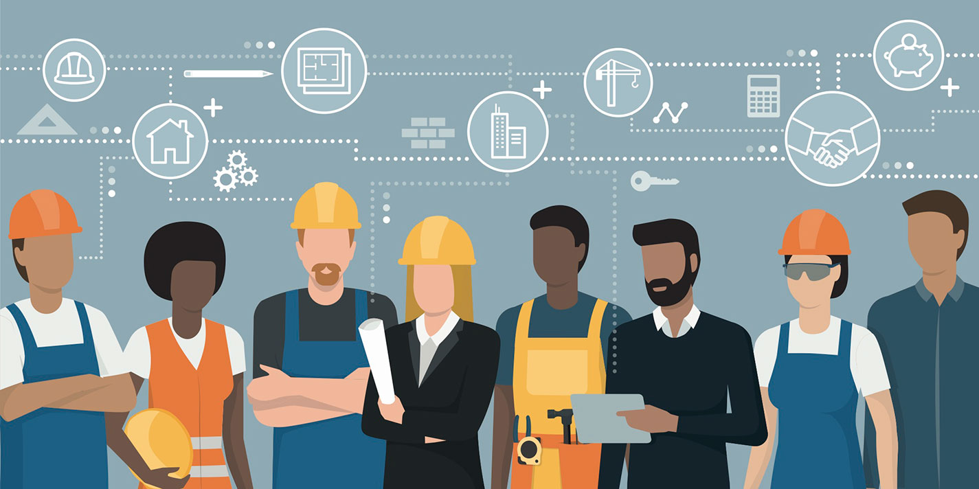 Illustrated rows of workers from different trades and professions